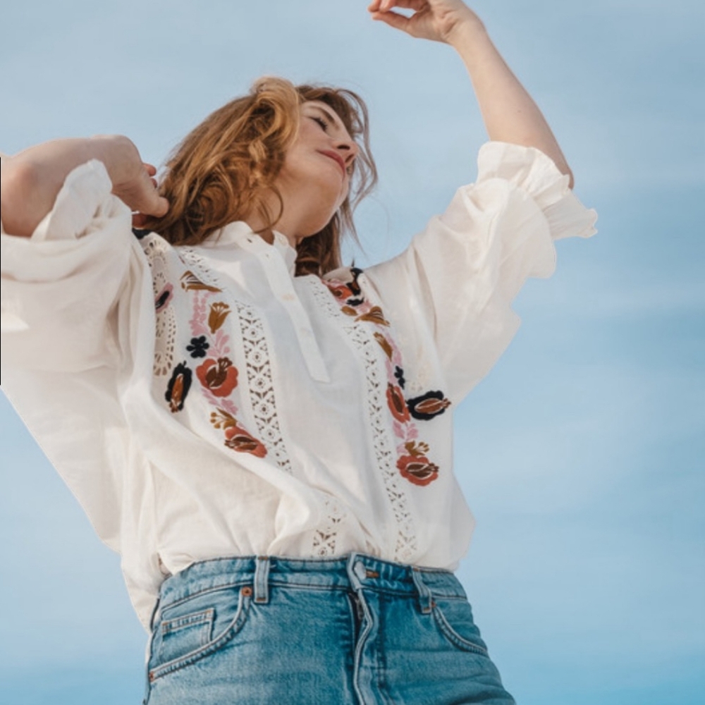 Free People Serafina Floral Embroidered Drop Waist Top Size Small